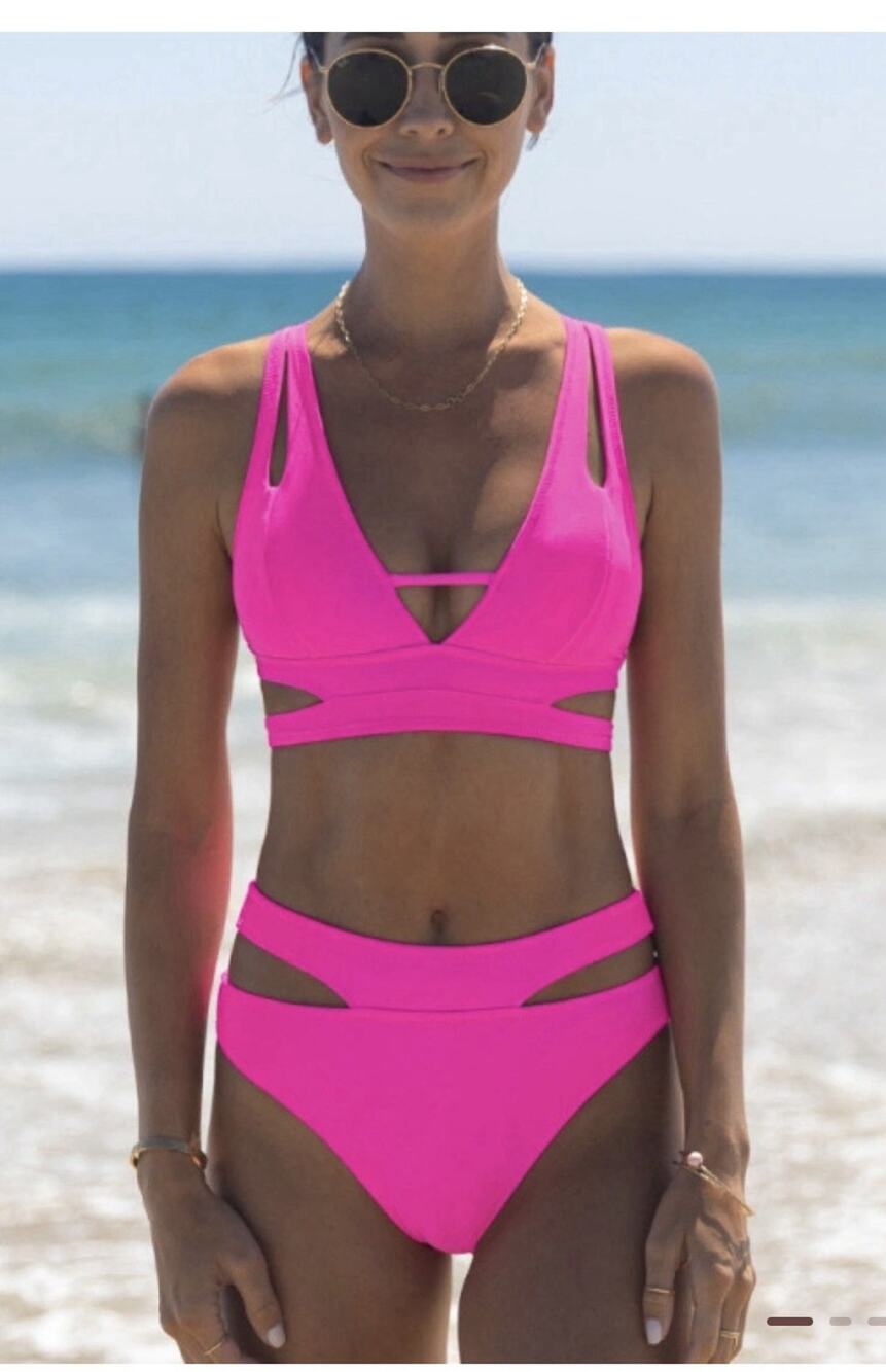 NWT Two Piece Hot Pink Popvil Cut Out Swimsuit Bikini Mid Waist Size Small